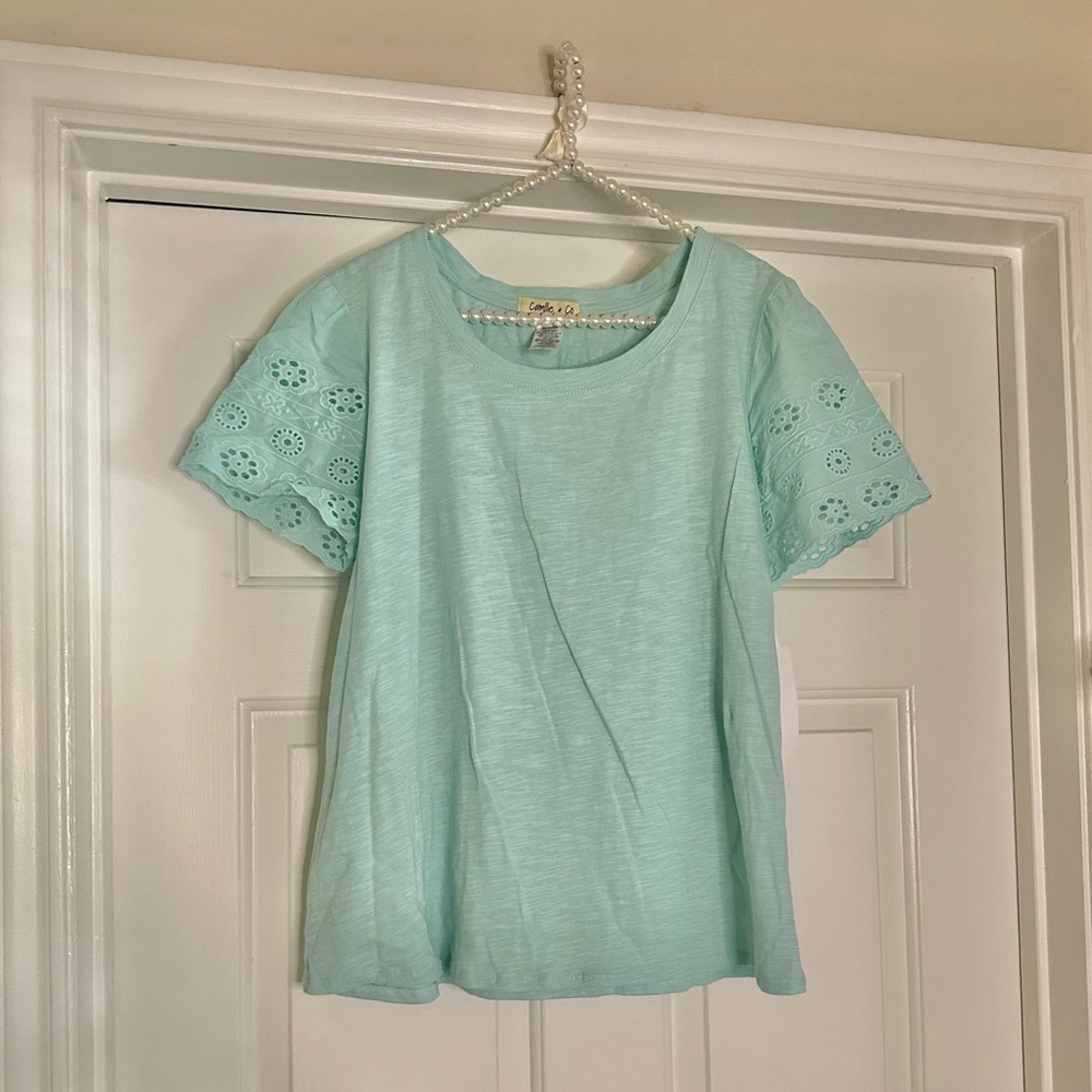 Camille & Co Ice Blue Eyelet Sleeve Top